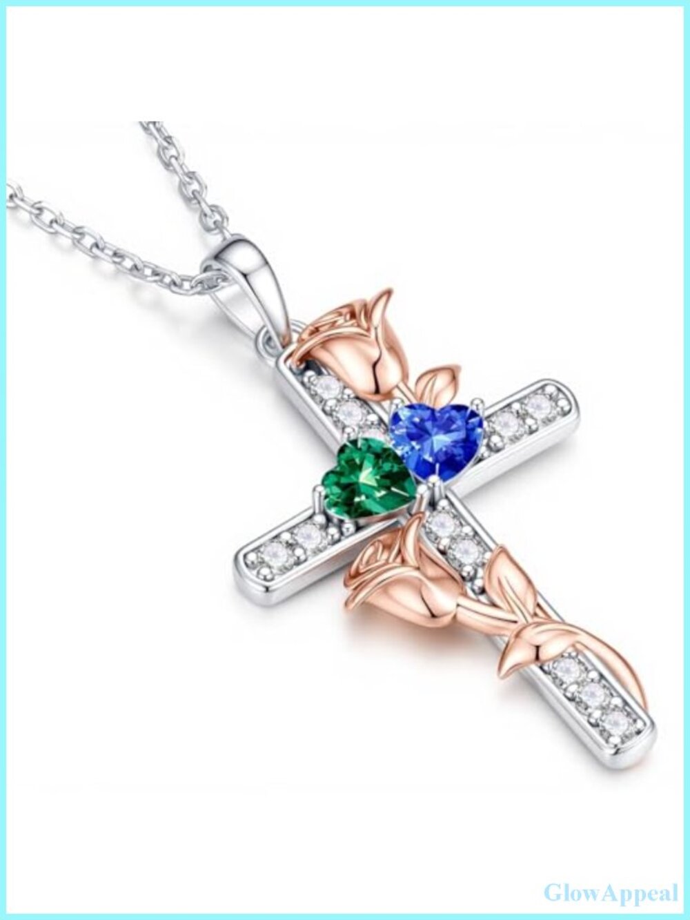 Sterling Silver Rose Cross Pendant Necklace, Adjustable 19-21 inch, Gift for Her